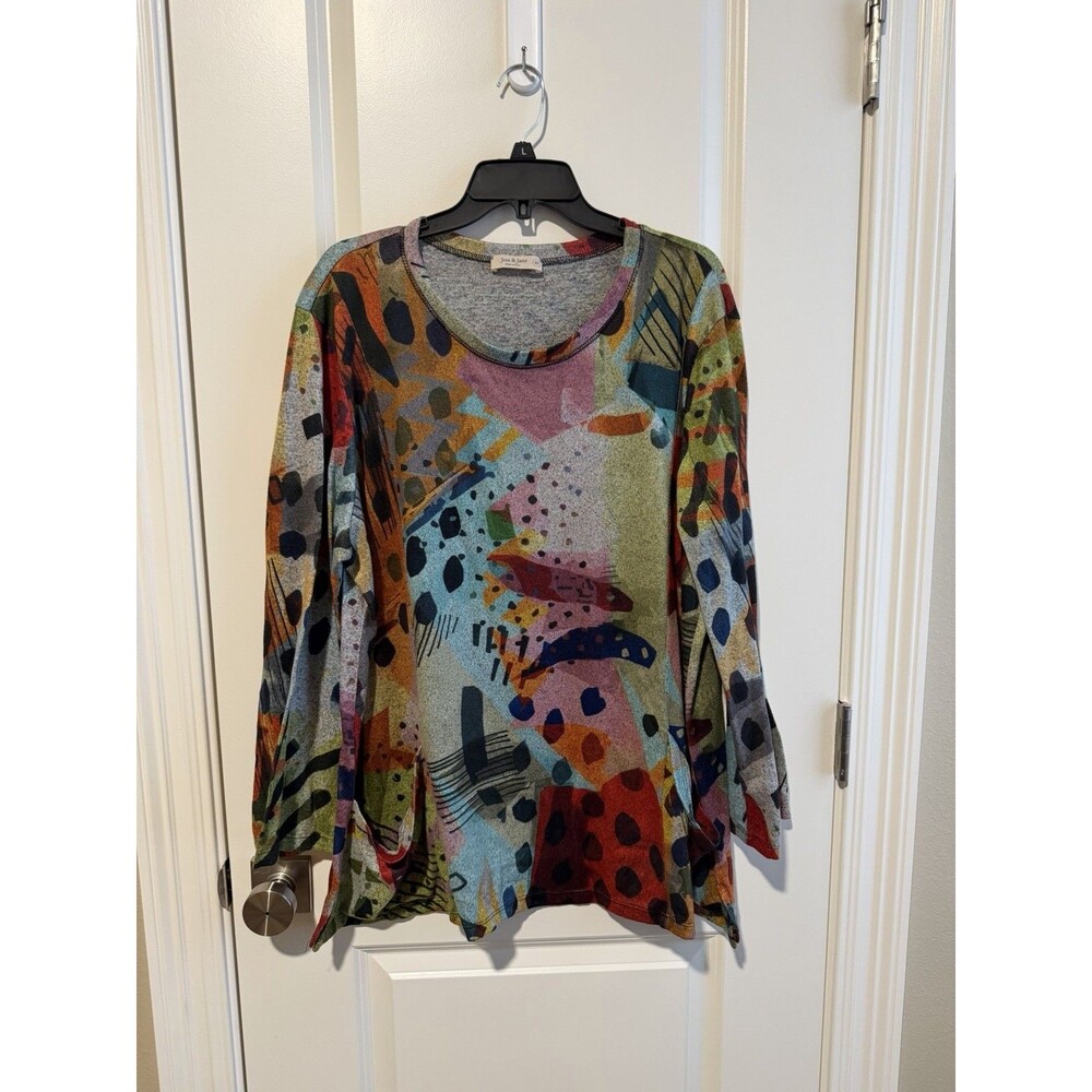 Jess & Jane Tunic Top Women 2X Multicolor Abstract Art Print Pockets USA